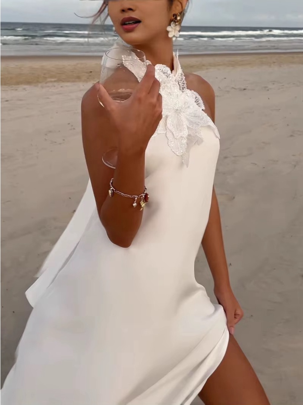 Elegant White Halter Lace-Detail Dress NWOT